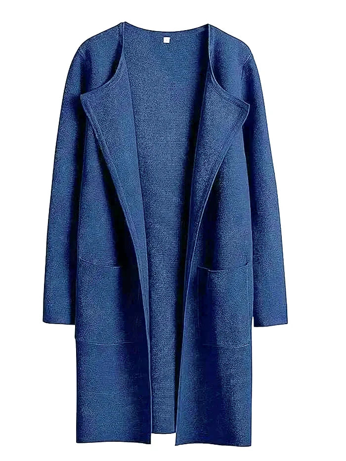 Women’s Knee-Length Coat – Wool Blend – Relaxed Fit – Wide Lapel – Patch Pockets