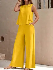 Women's Two-Piece Set - Sleeveless Loose Fit Top & Wide-Leg High-Waisted Trousers