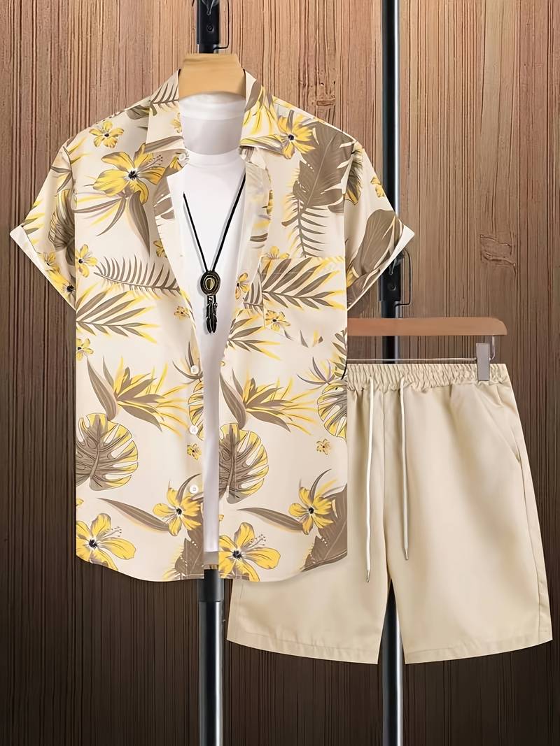 Men’s Short-Sleeve Button-Up Shirt – Tropical Floral Print – Casual Lightweight Wear