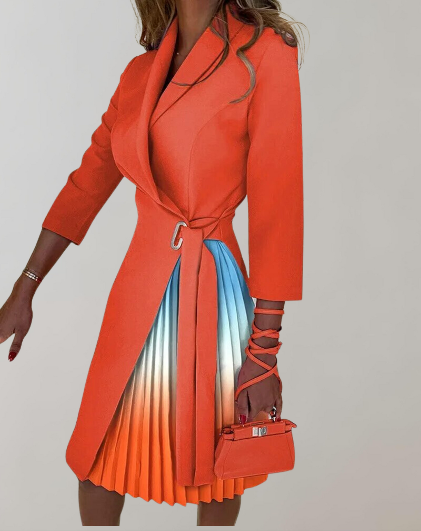 Women’s Midi Dress – Tailored Fit – Pleated Skirt – Notched Neck – Belted Waist – 3/4 Sleeve