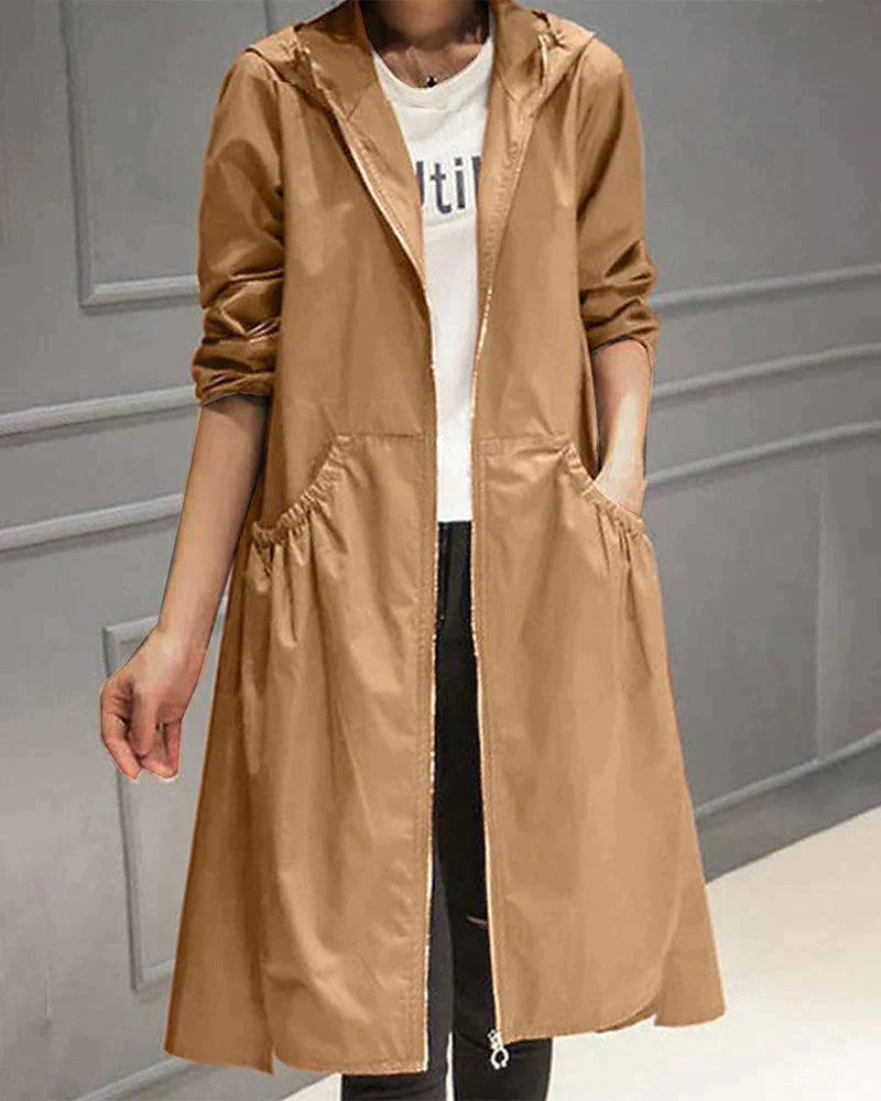 Women’s Hooded Jacket – Waterproof Lightweight – Relaxed Fit – Knee Length – Zip Closure