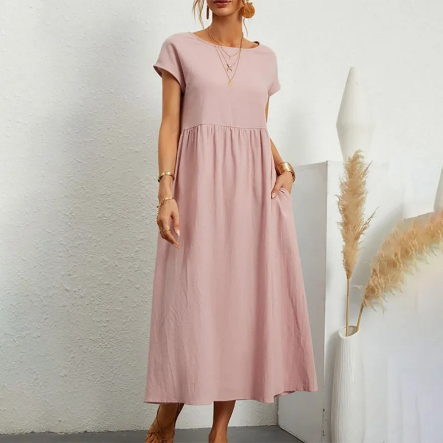 Women's Linen Maxi Dress - Short Sleeve - Round Neck - Empire Waist - Relaxed Fit