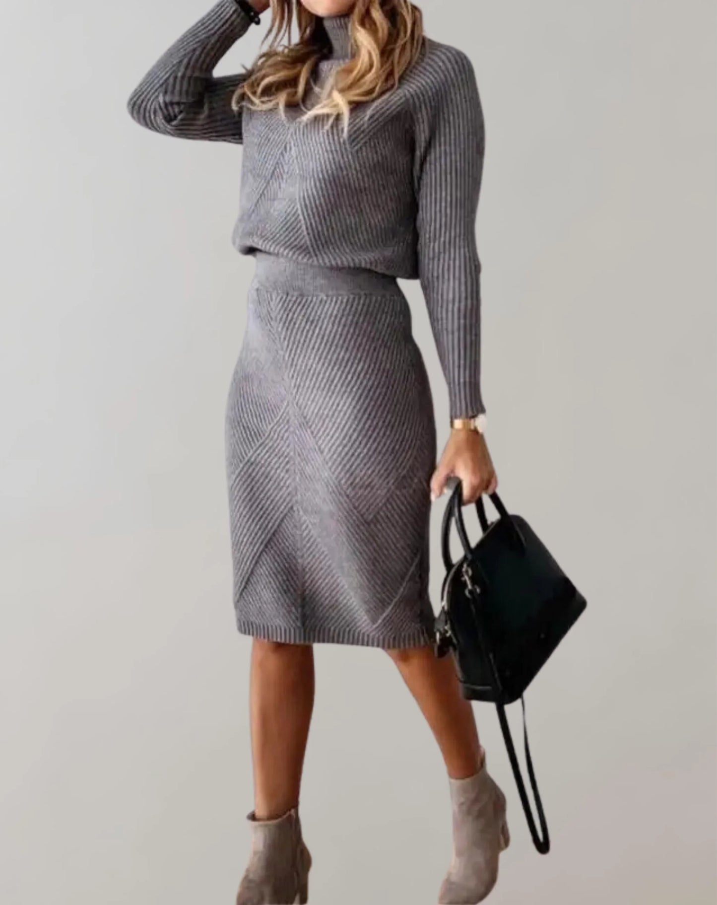 Women’s Two-Piece Set – Slim Fit Ribbed Knit – Turtleneck Sweater & Midi Skirt