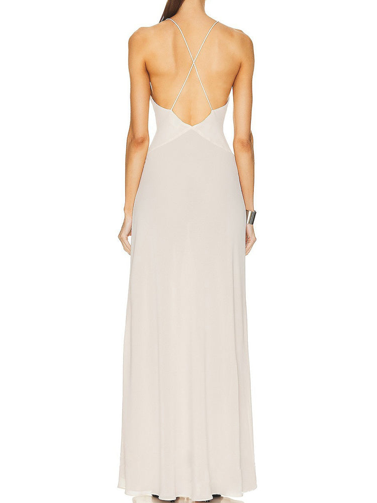 Women’s Evening Gown – Floor Length – Plunge Neckline – Spaghetti Straps – Fitted Formal Wear