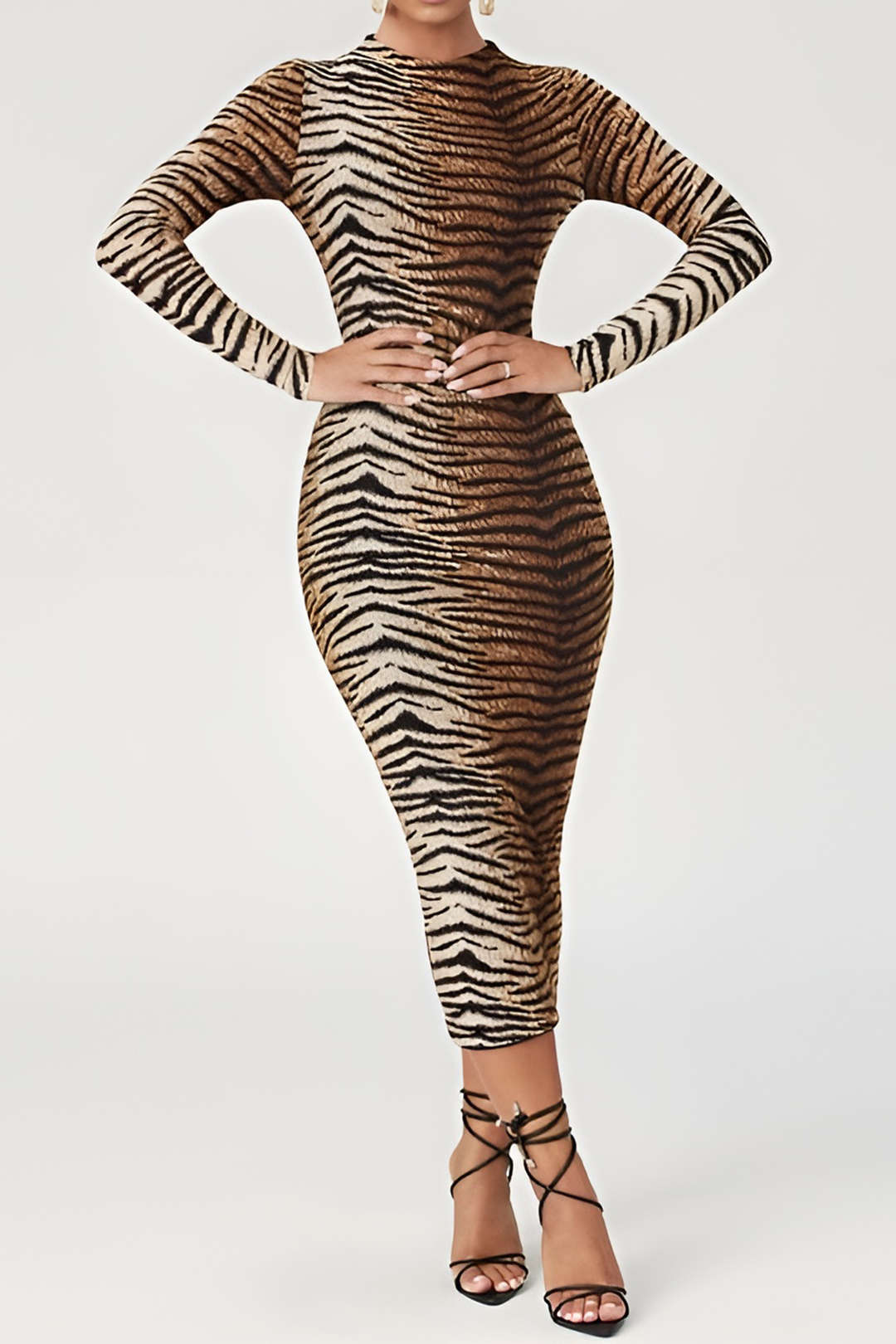 Women's Bodycon Midi Dress - Long Sleeve - High Neck - Animal Print Stylish Fit
