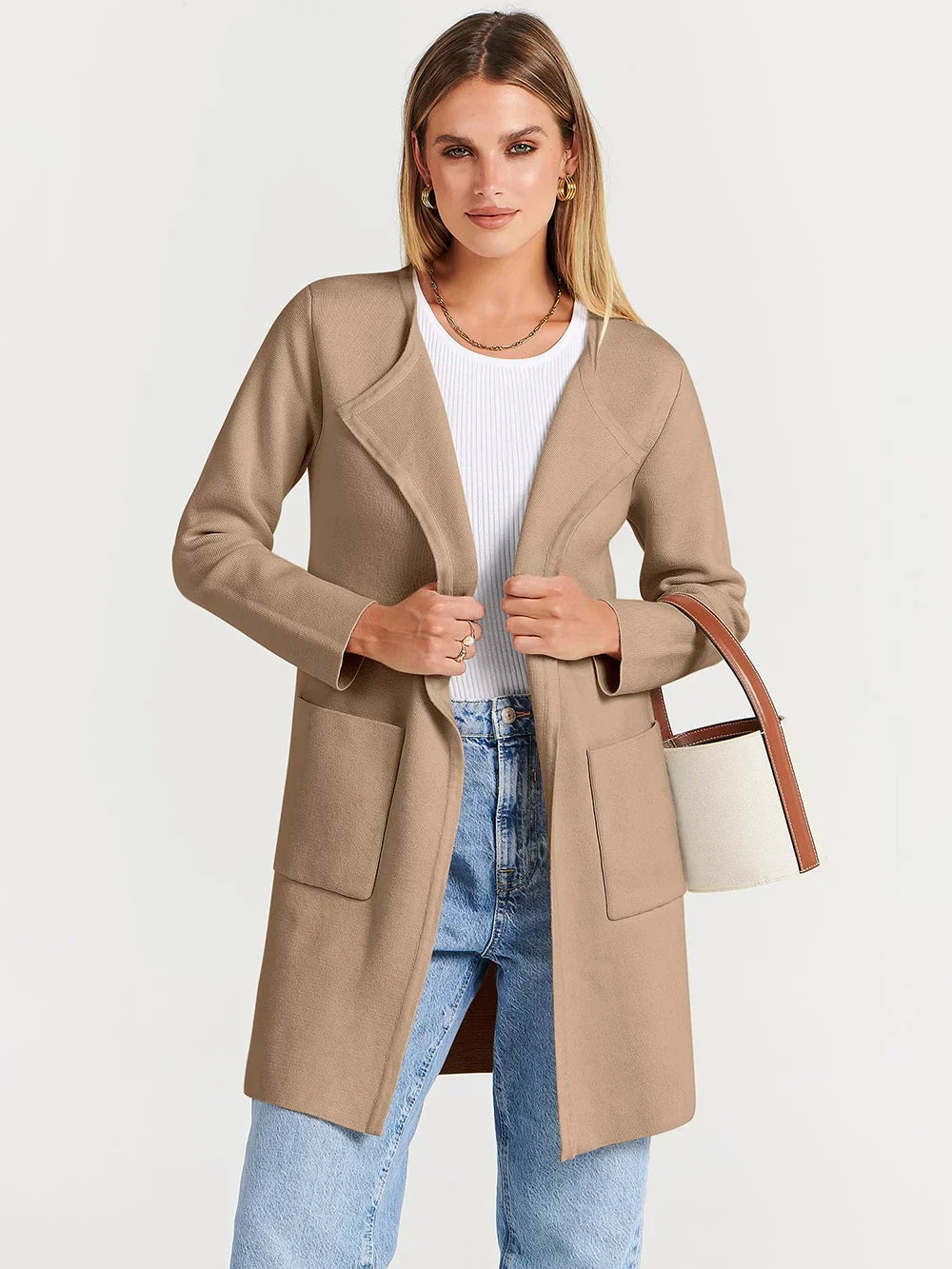 Women’s Knee-Length Coat – Wool Blend – Relaxed Fit – Wide Lapel – Patch Pockets