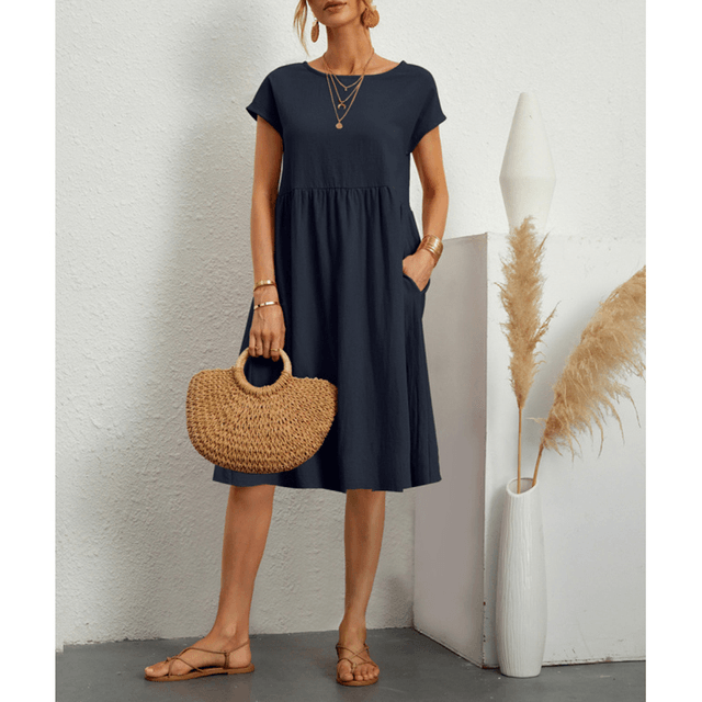 Women's Cotton Linen Short Sleeve Midi Dress