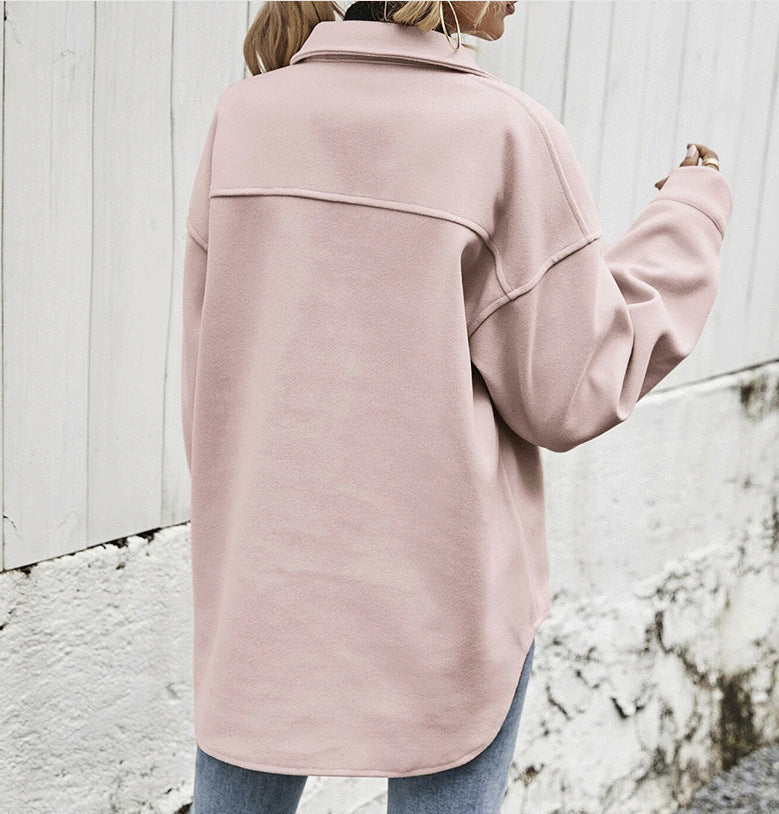 Women’s Oversized Jacket – Wool Blend – Button Front – Chest Flap Pockets – Dropped Shoulder