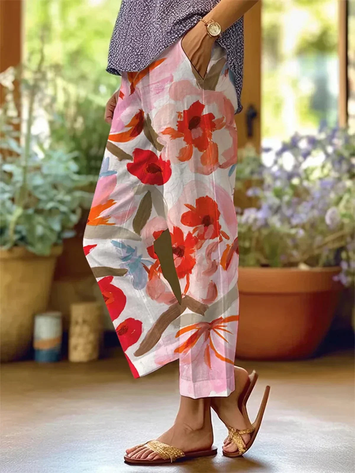 Women’s Wide-Leg Trousers – Breathable Blend – Relaxed Fit – Bold Floral Print – Full Length