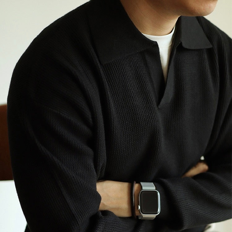 Men’s Knit Pullover Top – Relaxed Fit – Ribbed Cotton Blend – Buttonless Collar – Long Sleeve