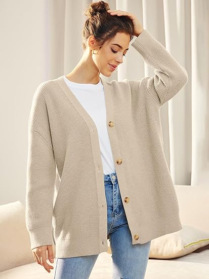 Women’s Cardigan – Oversized Fit – Soft Knit Ribbed Texture – V-Neck Button Front
