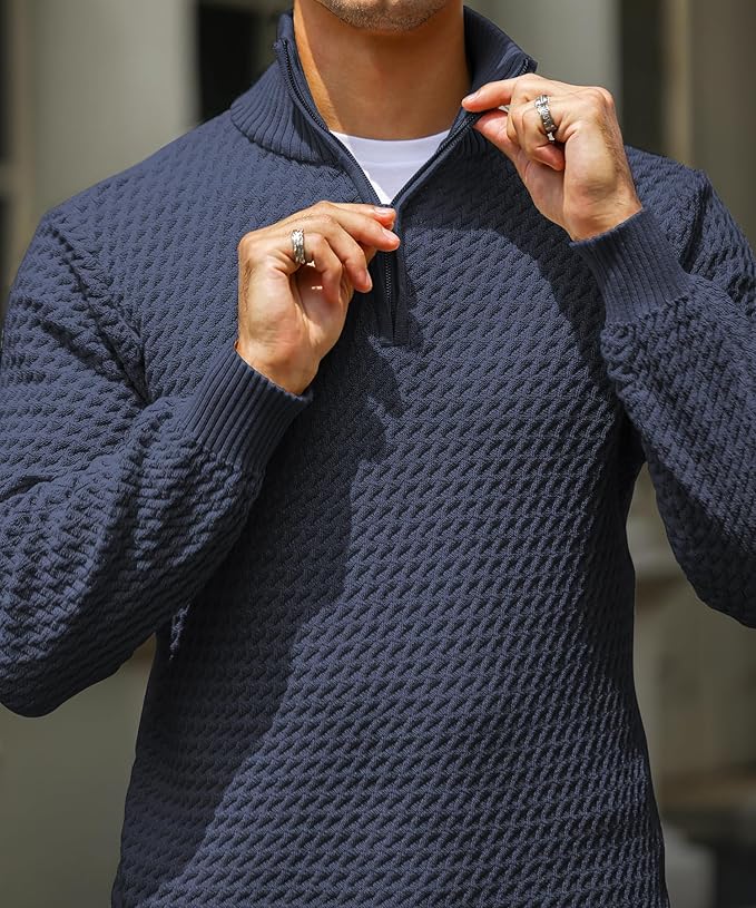 Men’s Half Zip Sweater – Textured Knit – Tailored Fit – Ribbed Trim – Soft Feel