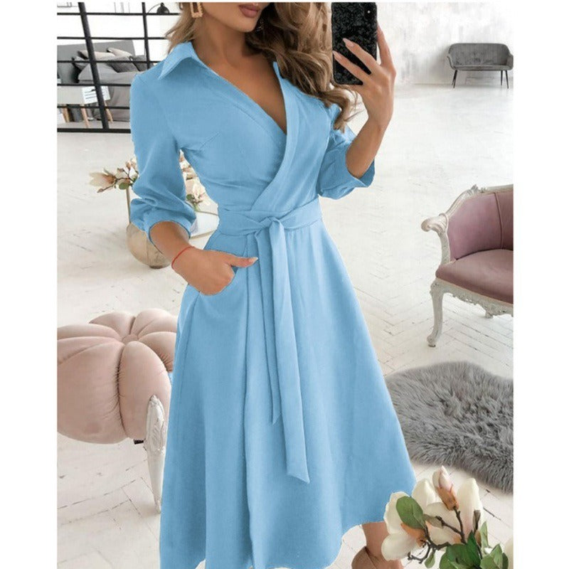 Women’s Wrap Dress - V-Neckline - Fitted Waist with Sash - Three-Quarter Sleeve Midi
