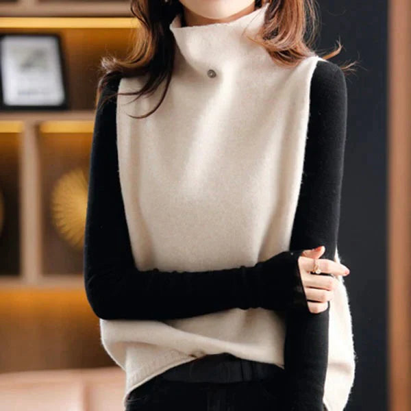 Women’s Sweater Vest – Wool Feel – Turtleneck – Relaxed Fit – Hip Length – Minimalist Style
