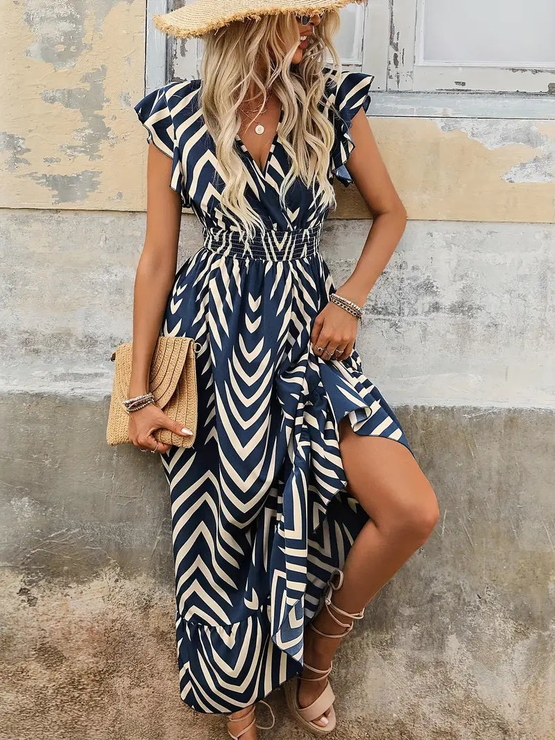 Women's Wrap Dress - Chevron Print - V-Neck - Flutter Sleeves - Asymmetrical Hem