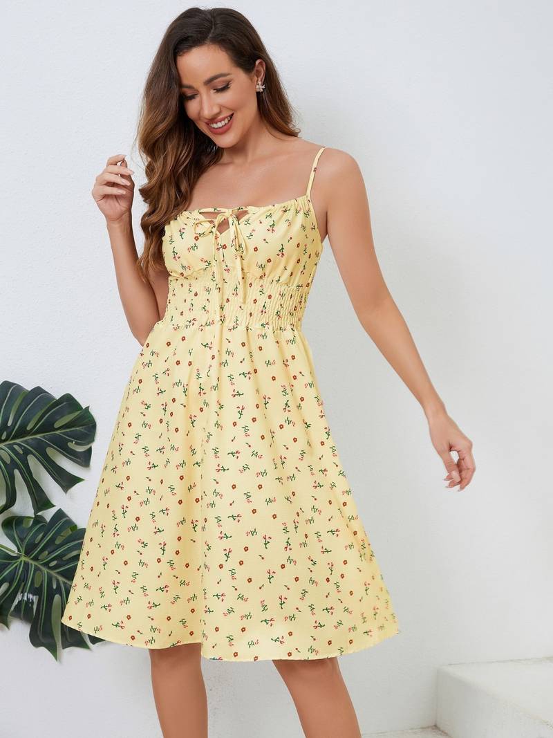 Women's Sundress - Smocked Waist - Spaghetti Straps - A-Line Floral Casual Dress