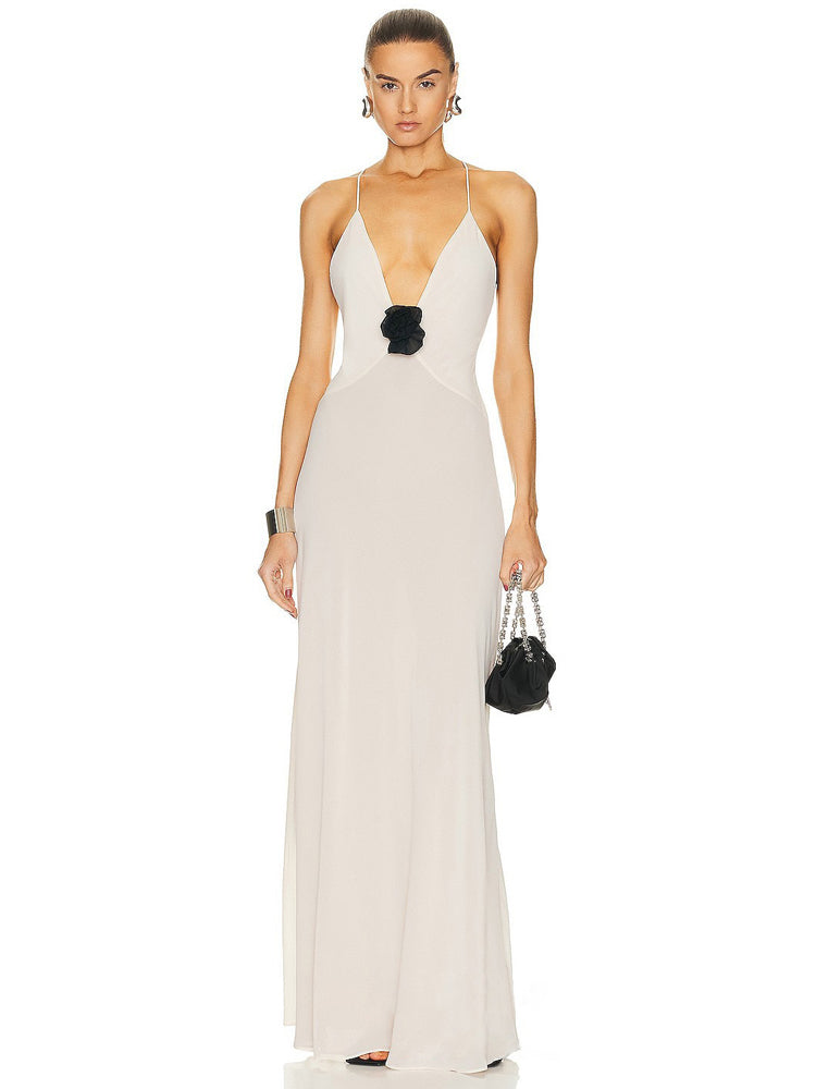 Women’s Evening Gown – Floor Length – Plunge Neckline – Spaghetti Straps – Fitted Formal Wear