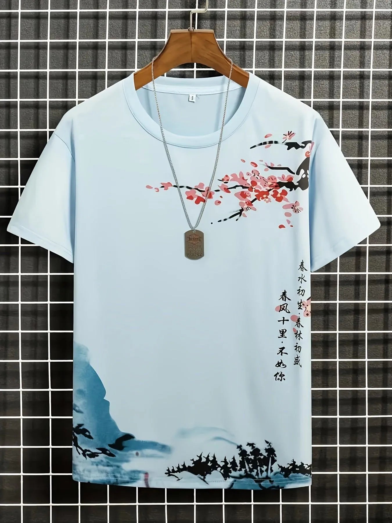 Men’s T-Shirt - Artistic Blossom & Wave Design - Short Sleeve - Casual Wear