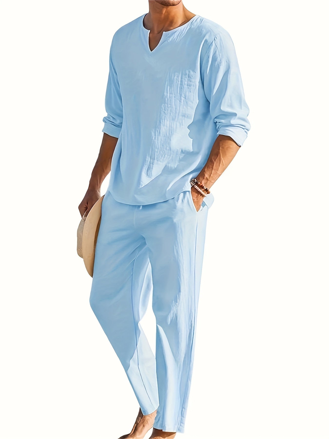 Men's Casual Two-Piece Outfit - V-Neck Long Sleeve Top & Relaxed Fit Trousers