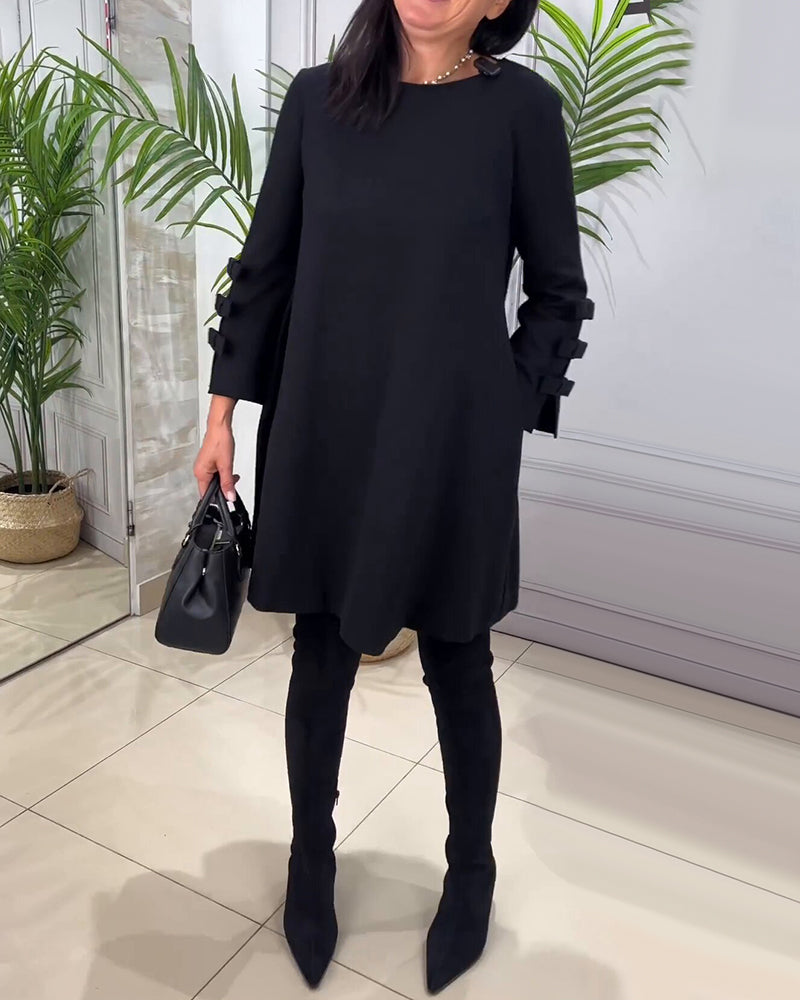 Women's A-Line Dress - Long Sleeve with Bow Detail - Elegant Knee-Length Round Neck