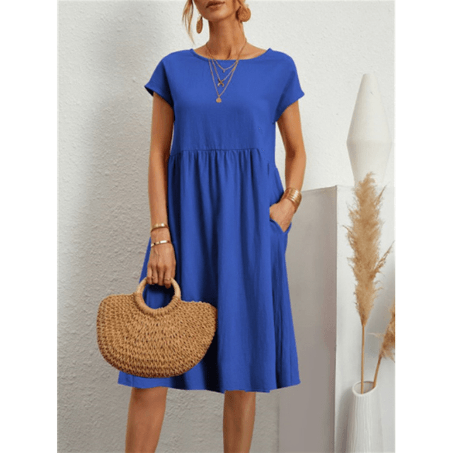 Women's Cotton Linen Short Sleeve Midi Dress