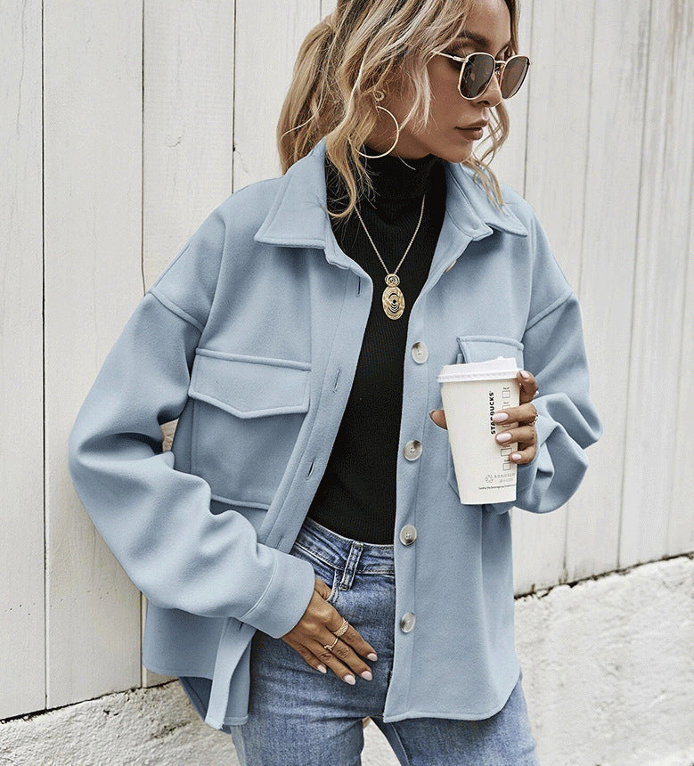 Women’s Oversized Jacket – Wool Blend – Button Front – Chest Flap Pockets – Dropped Shoulder