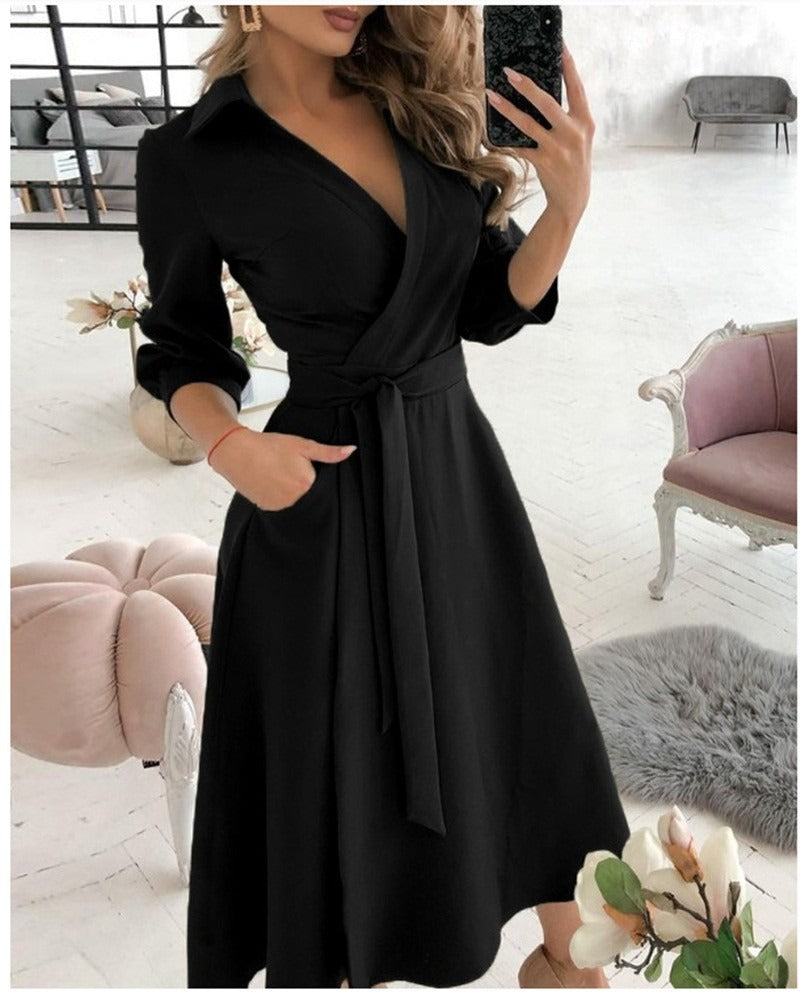 Women’s Wrap Dress - V-Neckline - Fitted Waist with Sash - Three-Quarter Sleeve Midi