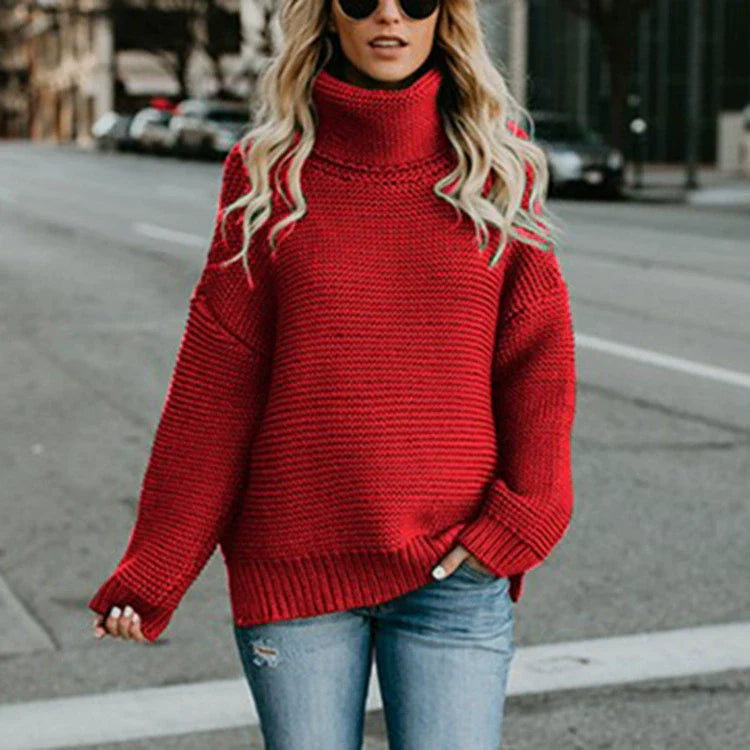 Women’s Knitted Sweater – Oversized Fit – Ribbed Texture – High Neck – Long Sleeve