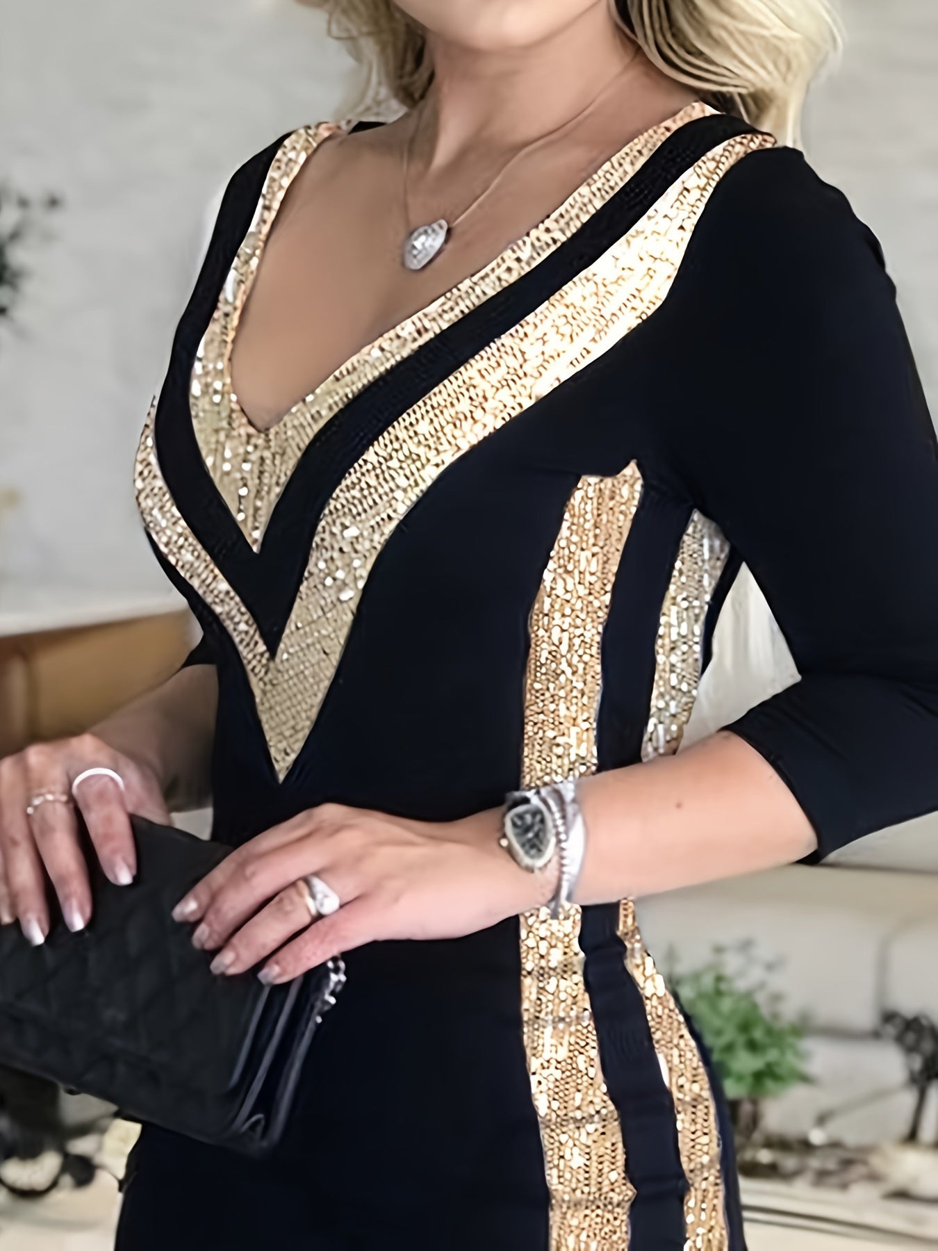 Women's Bodycon Dress - V-Neck - Long Sleeve - Sequin Embellished Elegant Fit