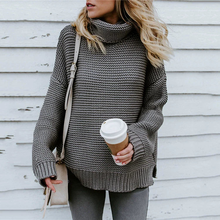 Women’s Knitted Sweater – Oversized Fit – Ribbed Texture – High Neck – Long Sleeve