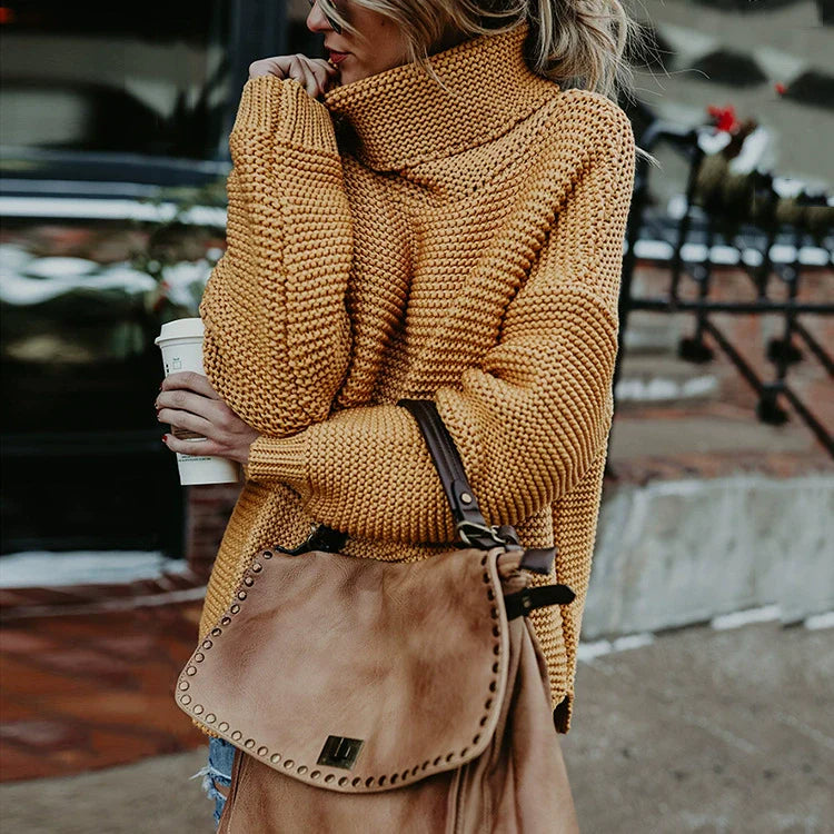 Women’s Knitted Sweater – Oversized Fit – Ribbed Texture – High Neck – Long Sleeve
