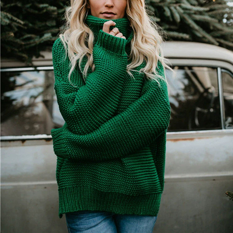 Women’s Knitted Sweater – Oversized Fit – Ribbed Texture – High Neck – Long Sleeve