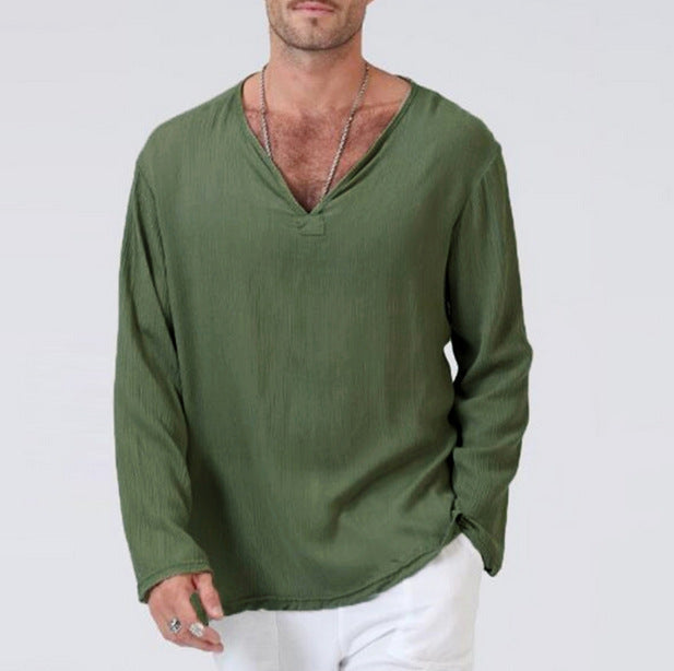 Men’s Long Sleeve T-Shirt – Cotton Linen Blend – Relaxed Fit – V-Neck Casual Wear