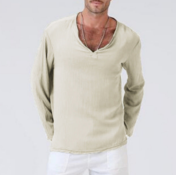 Men’s Long Sleeve T-Shirt – Cotton Linen Blend – Relaxed Fit – V-Neck Casual Wear
