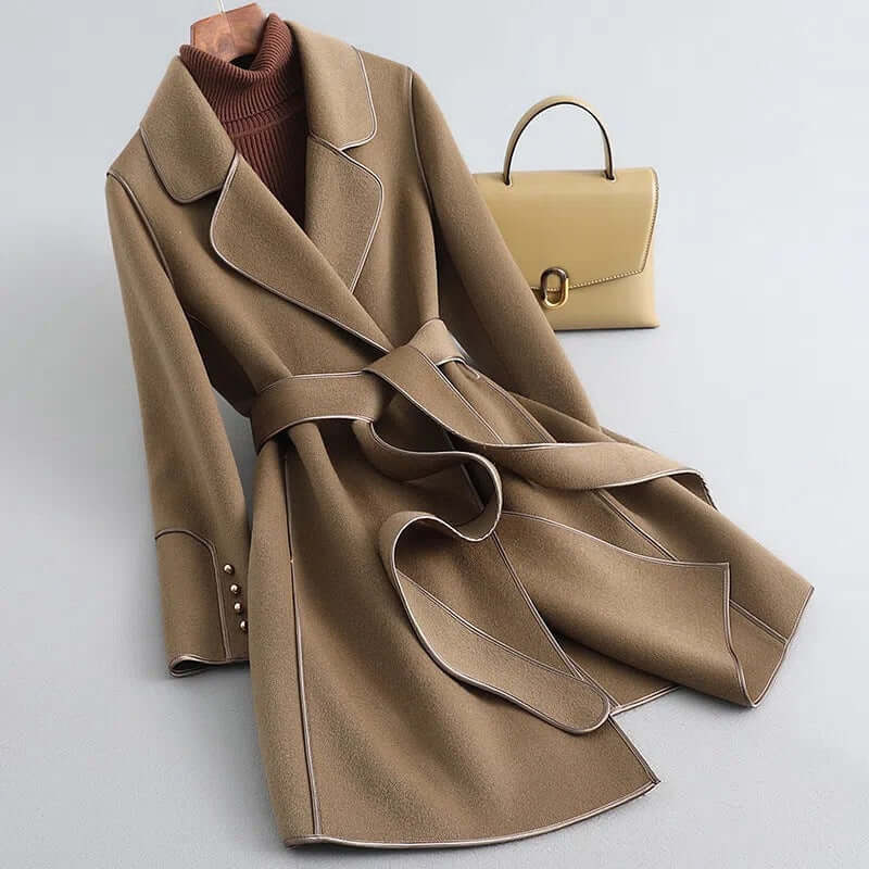 Women’s Wool Coat – Tailored Fit – Wrap Style Belted – Notched Lapel – Full Length