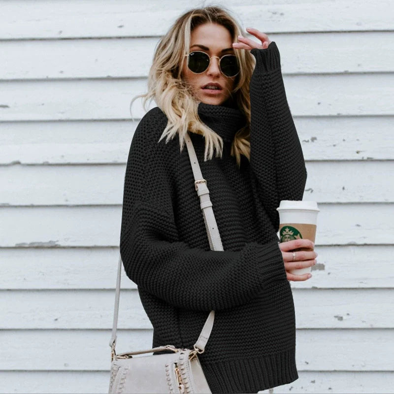 Women’s Knitted Sweater – Oversized Fit – Ribbed Texture – High Neck – Long Sleeve