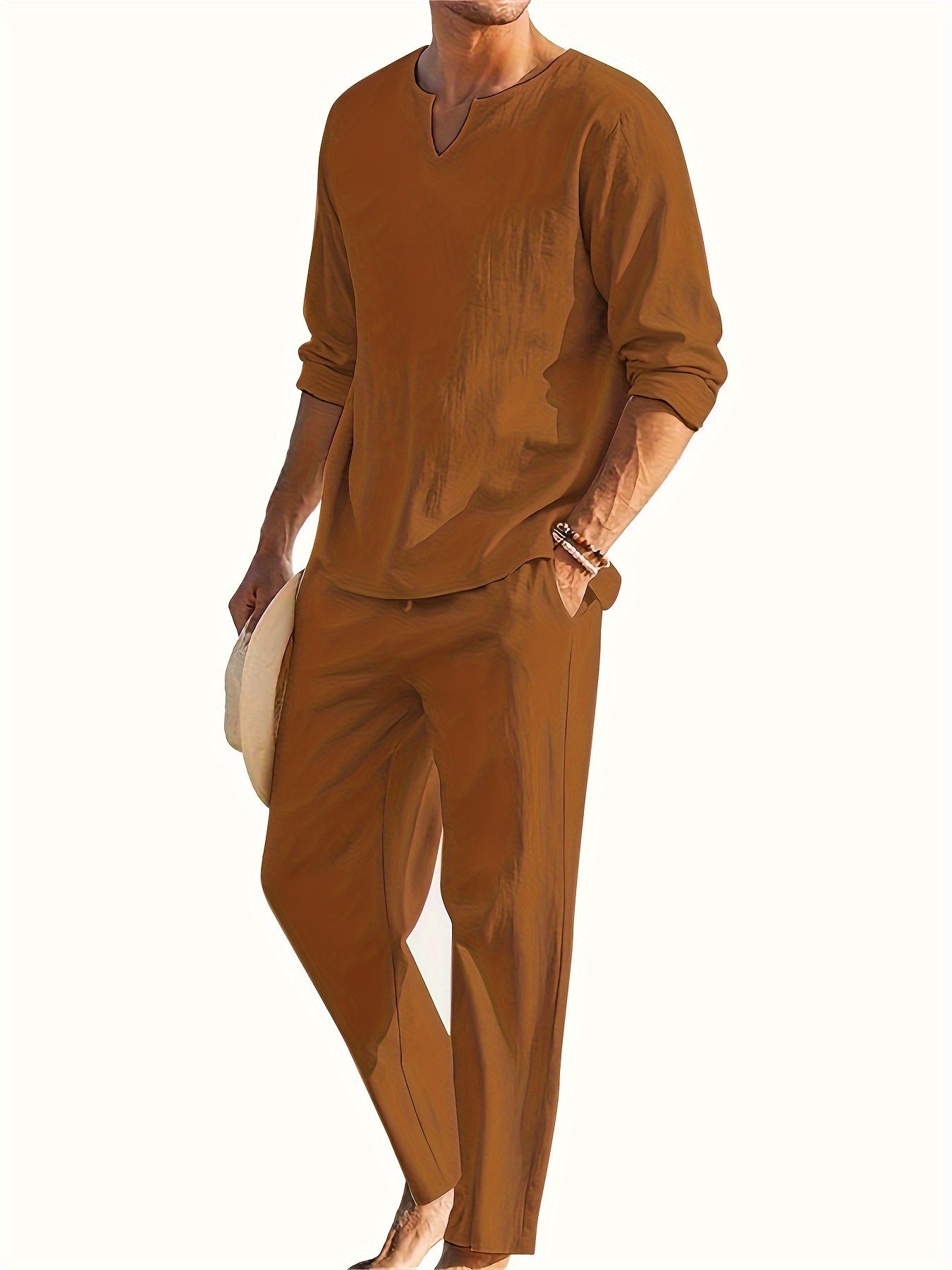 Men's Casual Two-Piece Outfit - V-Neck Long Sleeve Top & Relaxed Fit Trousers