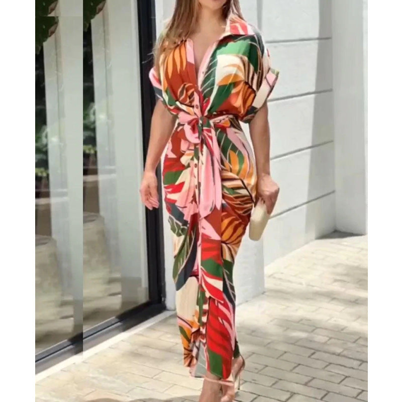 Women's Vintage Ruffle Print Summer Shirt Dress