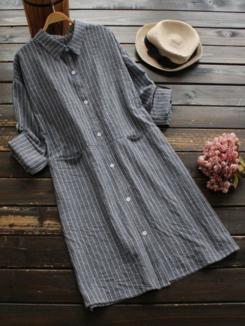 Women’s Button-Down Shirt – Lightweight Cotton – Relaxed Fit – Striped Mid-Length