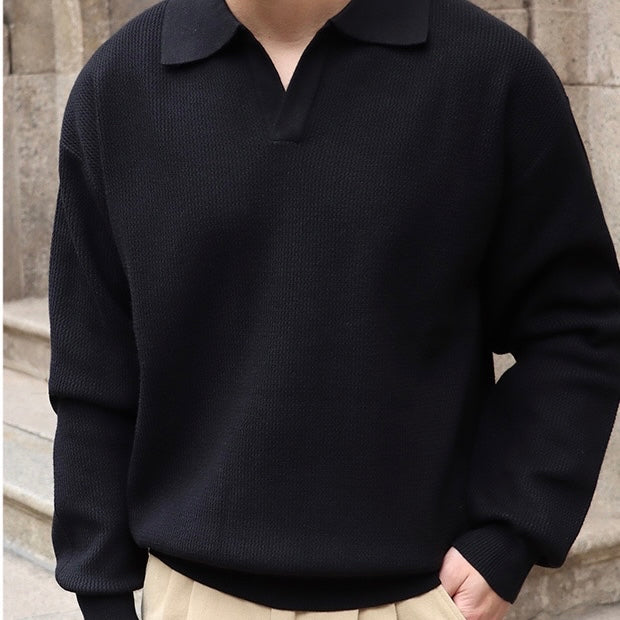 Men’s Knit Pullover Top – Relaxed Fit – Ribbed Cotton Blend – Buttonless Collar – Long Sleeve