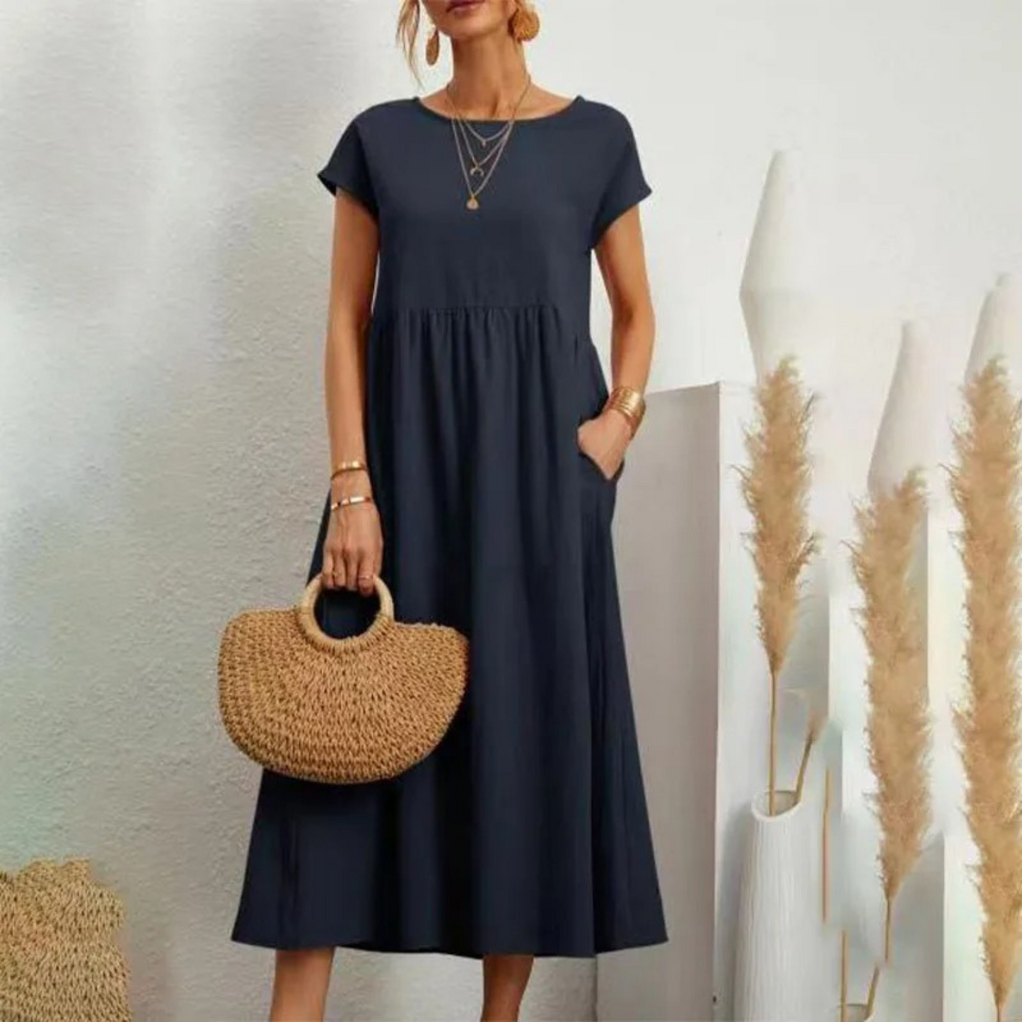 Women's Linen Maxi Dress - Short Sleeve - Round Neck - Empire Waist - Relaxed Fit