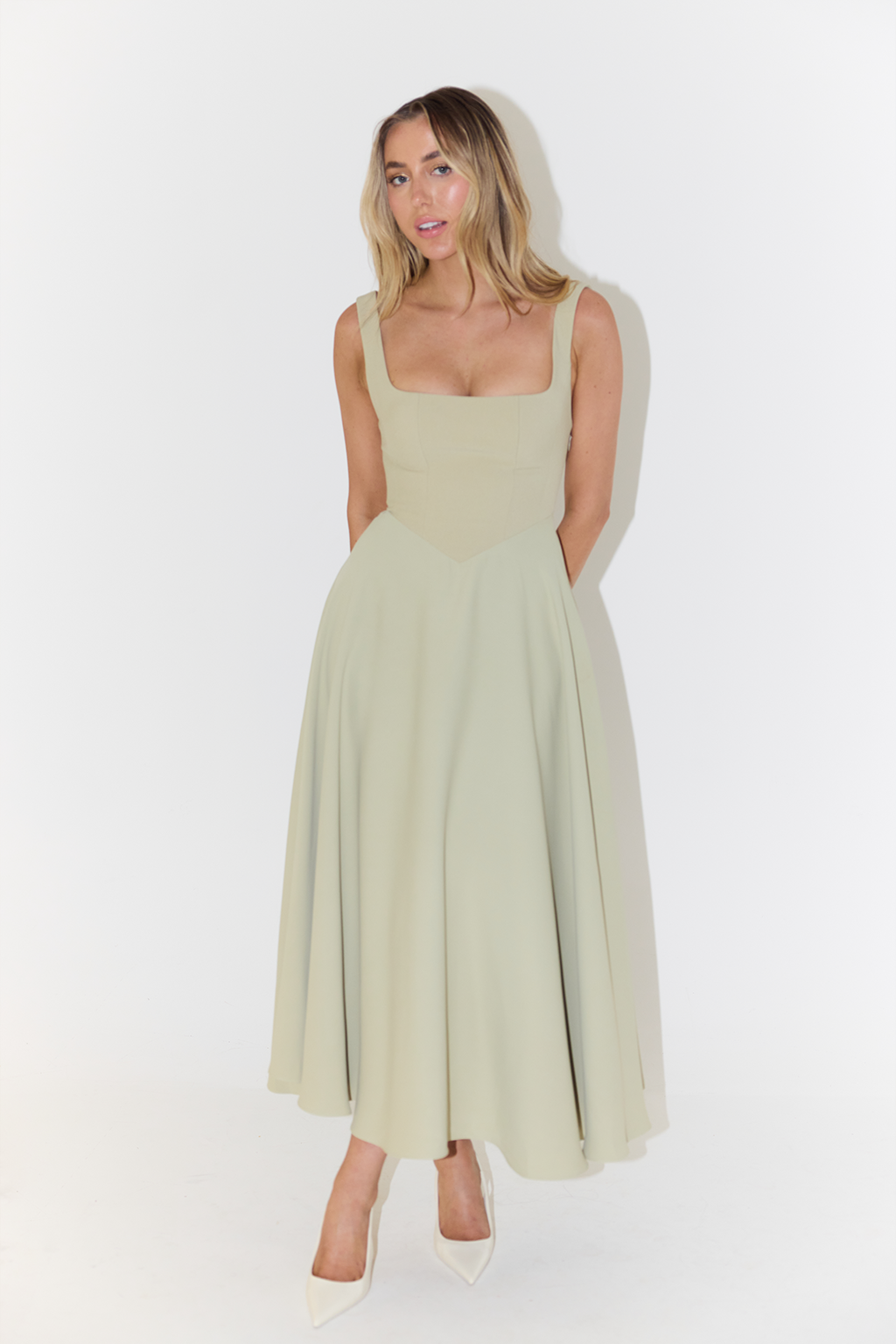 Women’s Midi Dress – Satin Finish – Fitted Bodice – Sleeveless – Square Neckline