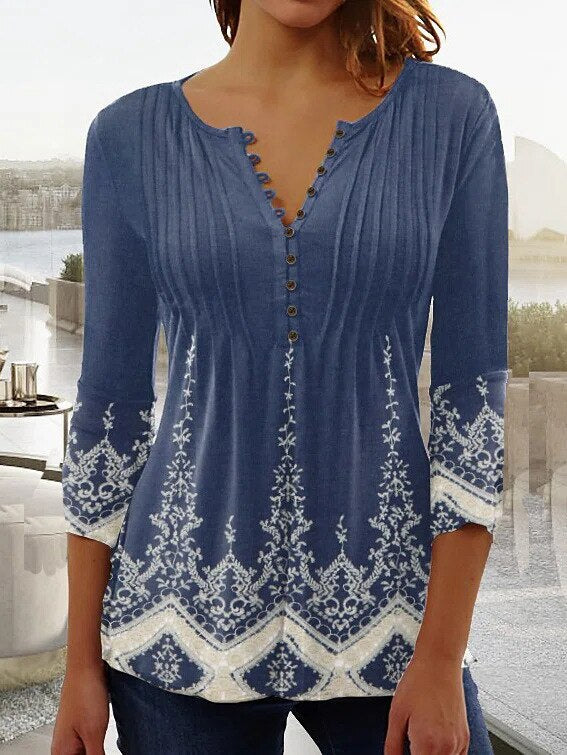 Women’s Floral Top – Relaxed Fit – V-Neck – 3/4 Sleeve – Breathable Blend – Pleated Detail