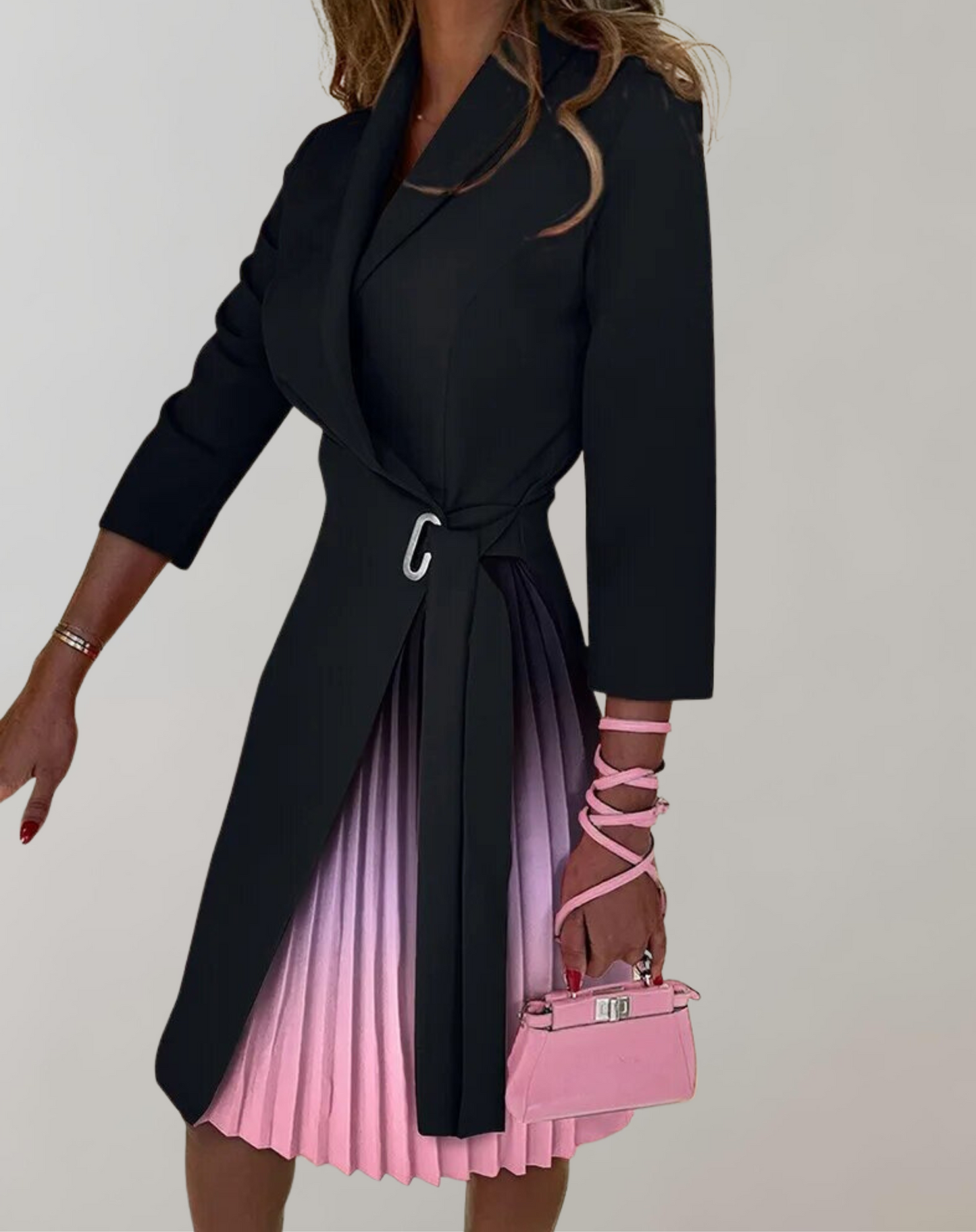 Women’s Midi Dress – Tailored Fit – Pleated Skirt – Notched Neck – Belted Waist – 3/4 Sleeve