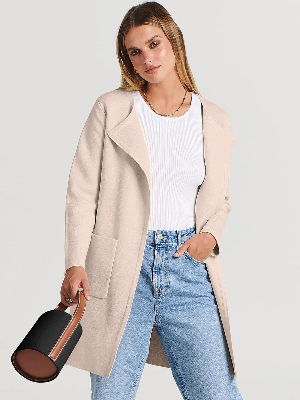 Women’s Knee-Length Coat – Wool Blend – Relaxed Fit – Wide Lapel – Patch Pockets