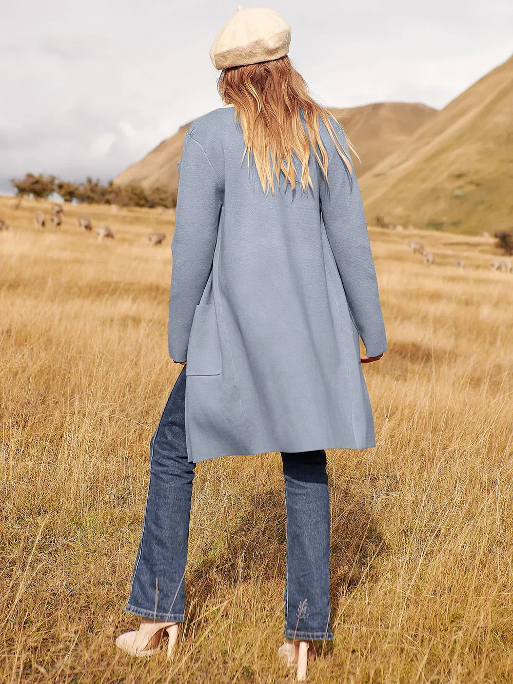 Women’s Knee-Length Coat – Wool Blend – Relaxed Fit – Wide Lapel – Patch Pockets