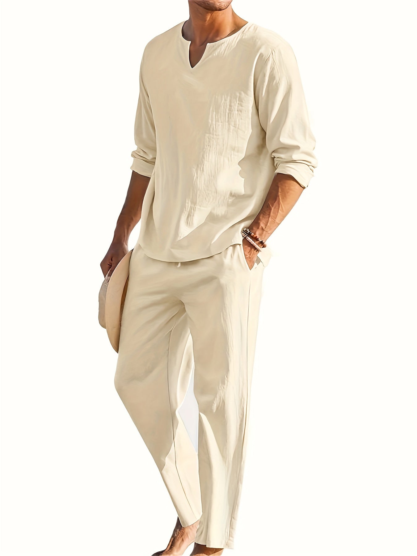 Men's Casual Two-Piece Outfit - V-Neck Long Sleeve Top & Relaxed Fit Trousers