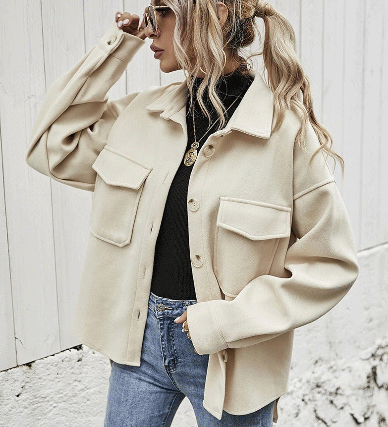 Women’s Oversized Jacket – Wool Blend – Button Front – Chest Flap Pockets – Dropped Shoulder