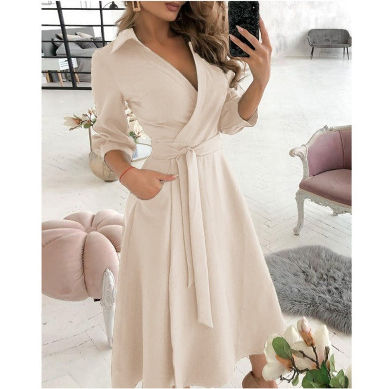 Women’s Wrap Dress - V-Neckline - Fitted Waist with Sash - Three-Quarter Sleeve Midi