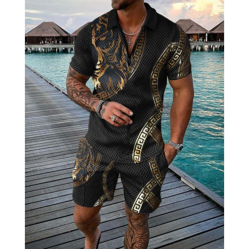 Men’s Two-Piece Set - Textured Short-Sleeve Zip Polo & Matching Shorts - Casual Wear